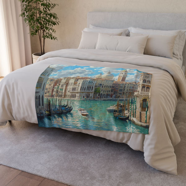 Venice Italy Main Squar Painting Sunny (Edition VI) — 50×60 Plush Throw Blanket — Draped Over Sofa & Bed Lifestyle View