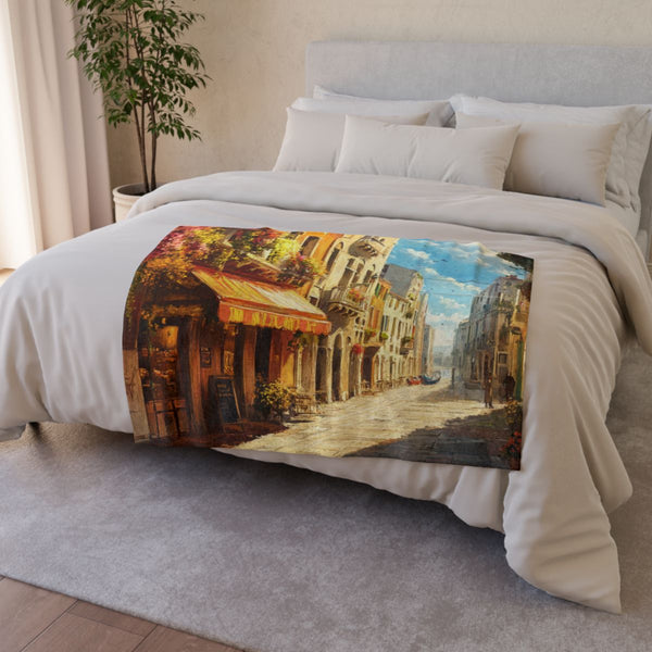 Venice Italy Main Squar Painting Sunny (Edition VIII) — 50×60 Plush Throw Blanket — Draped Over Sofa & Bed Lifestyle View