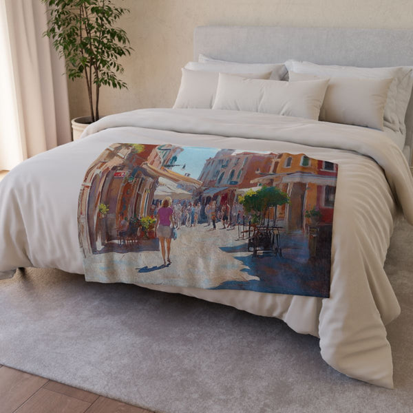 Venice Italy Main Squar Painting Sunny — 50×60 Plush Throw Blanket — Draped Over Sofa & Bed Lifestyle View