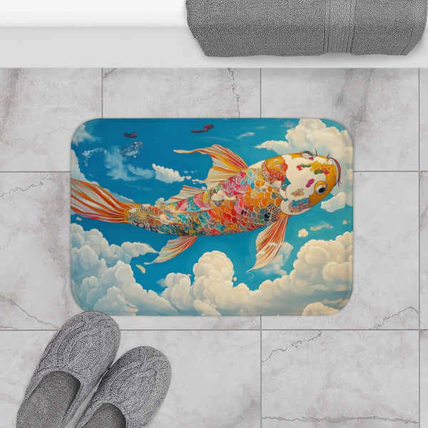 Vibrant Koi Fish Swimming in Sky (Edition II) — Memory Foam Bath Mat — Modern Bathroom Floor Lifestyle View
