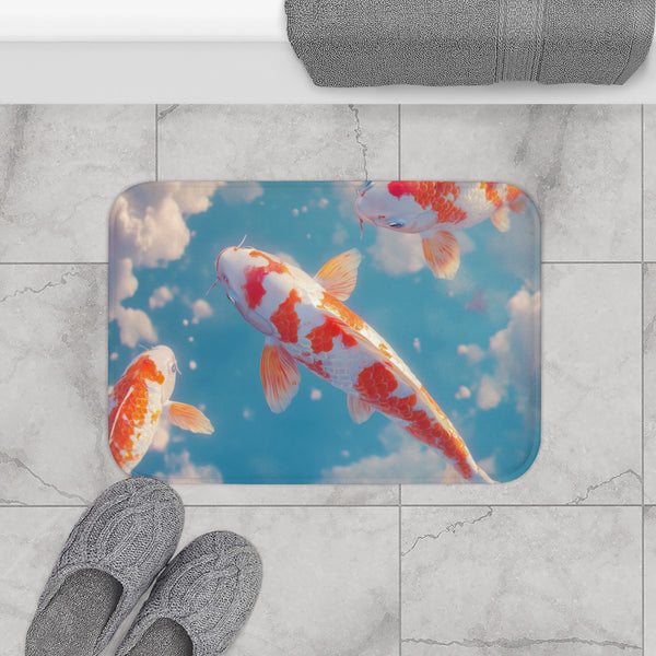 Vibrant Koi Fish Swimming in Sky (Edition IV) — Memory Foam Bath Mat — Modern Bathroom Floor Lifestyle View