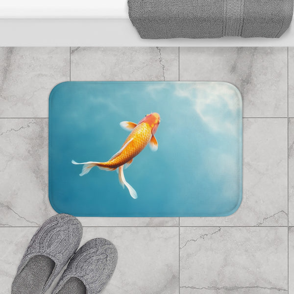 Vibrant Koi Fish Swimming in Sky — Memory Foam Bath Mat — Modern Bathroom Floor Lifestyle View