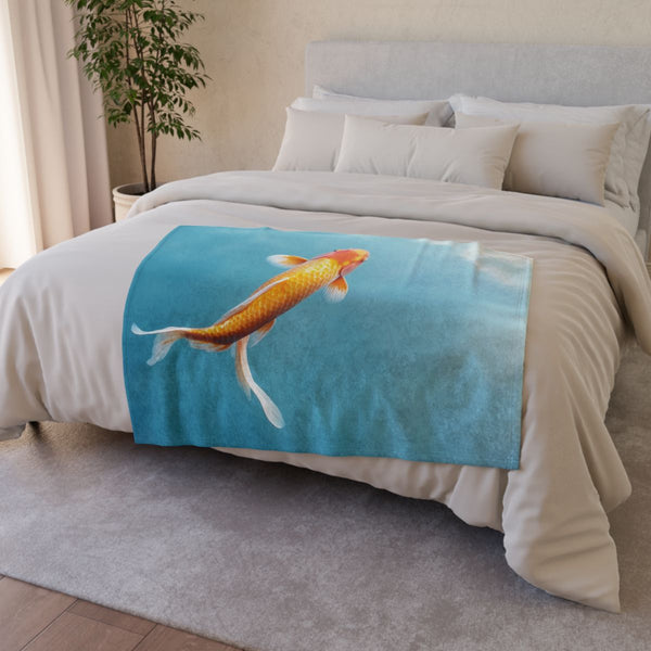 Vibrant Koi Fish Swimming in Sky — Plush Fleece Throw Blanket — Drape over Sofa & Bed Lifestyle View