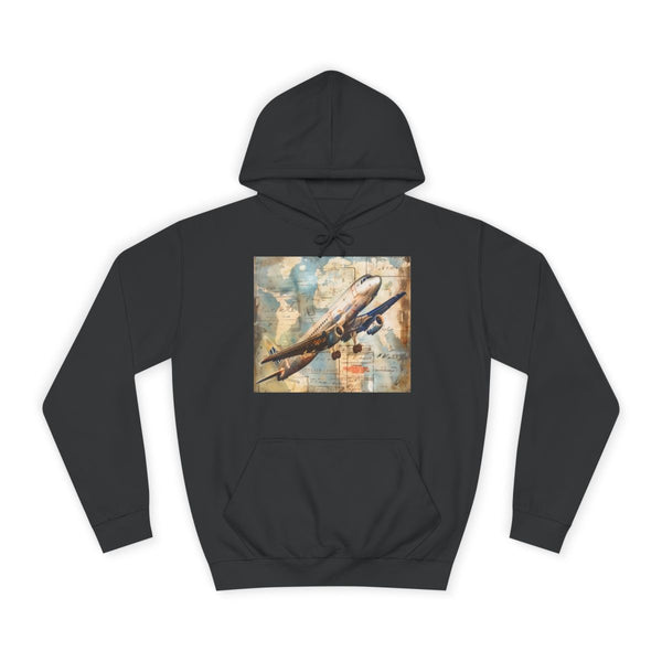 Vintage Biplane & World Travel Stamps — Heavyweight Graphic Hoodie — Front Heavyweight Fleece Hoodie View