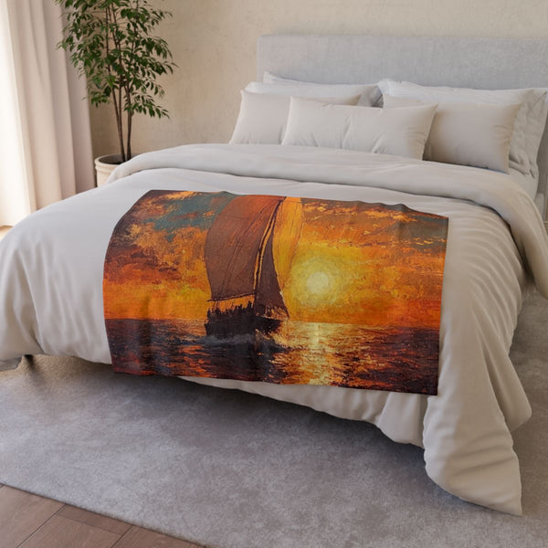 Vintage Calm Horizon Oil Painting — 50×60 Plush Throw Blanket — Draped Over Sofa & Bed Lifestyle View