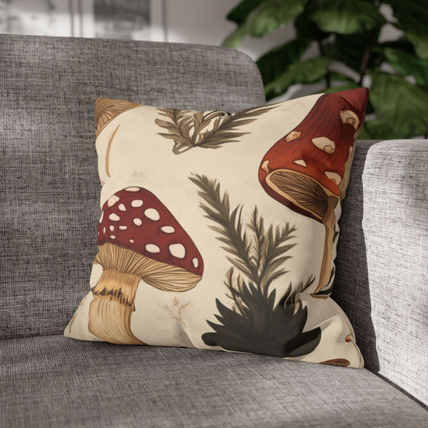 Vintage Botanical Woodland Mushrooms Pattern — 40×40 Cushion Cover — Sofa & Armchair Living Room Lifestyle View