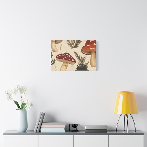 Vintage Botanical Woodland Mushrooms Pattern — 24×16 Canvas Wall Art — Living Room Wall Lifestyle View