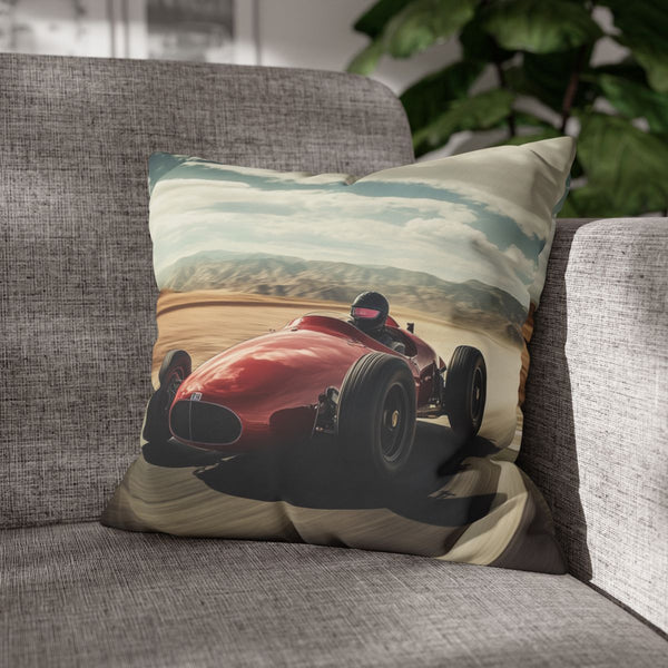 Vintage Race Car Speeding on a Desert Highway — 40×40 Cushion Cover — Sofa & Armchair Living Room Lifestyle View