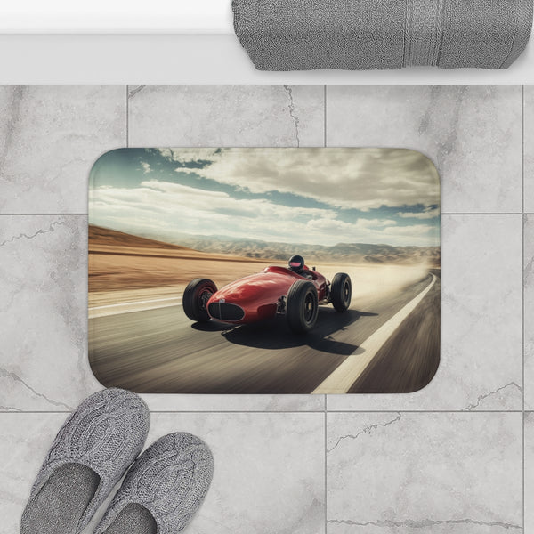 Vintage Race Car Speeding on a Desert Highway — 61×43 Memory Foam Bath Mat — Modern Bathroom Floor Lifestyle View