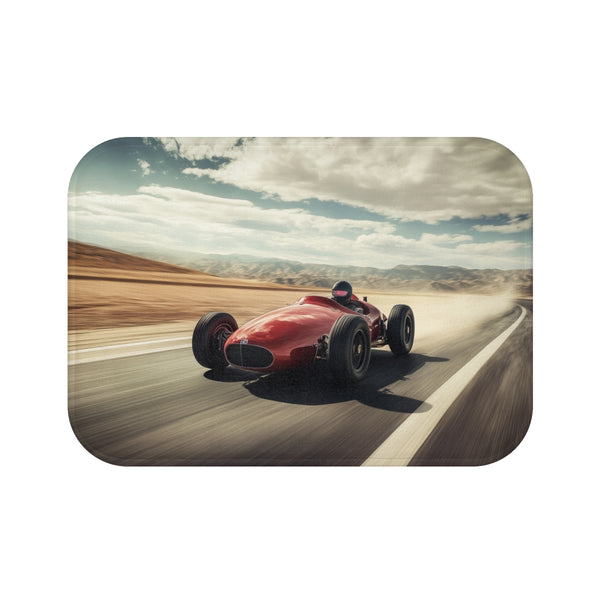 Vintage Race Car Speeding on a Desert Highway — 61×43 Memory Foam Bath Mat — Top-Down Velvet Microfibre Artwork View