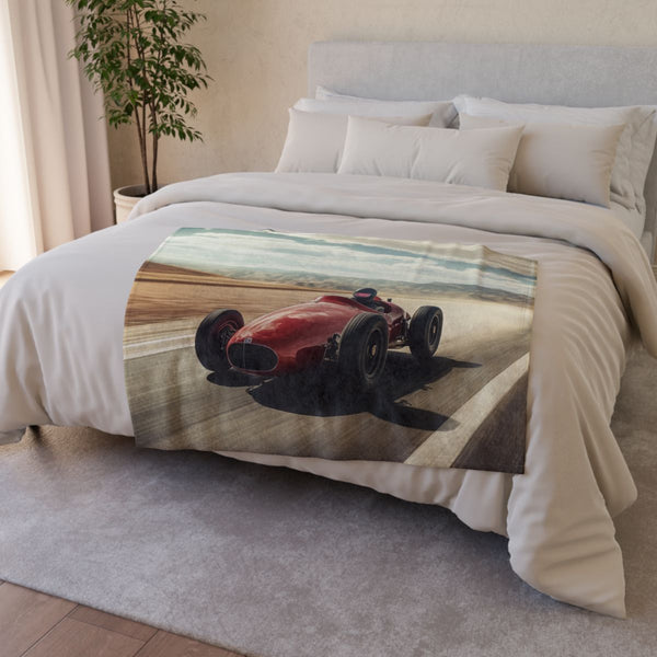 Vintage Race Car Speeding on a Desert Highway — 50×60 Plush Throw Blanket — Draped Over Sofa & Bed Lifestyle View