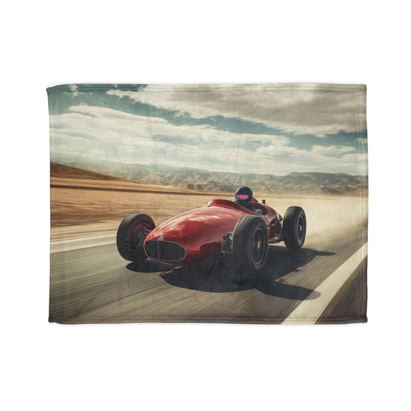 Vintage Race Car Speeding on a Desert Highway — 50×60 Plush Throw Blanket — Full Spread Plush Fleece Artwork View