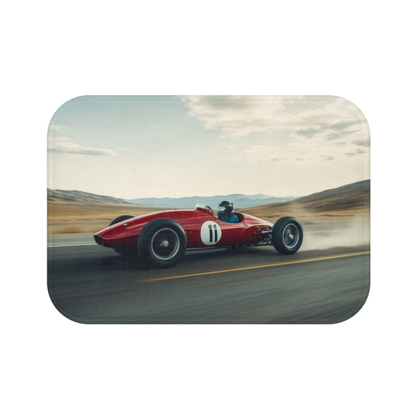 Vintage Race Car Speeding on a Desert Highway — 61×43 Memory Foam Bath Mat — Top-Down Velvet Microfibre Artwork View