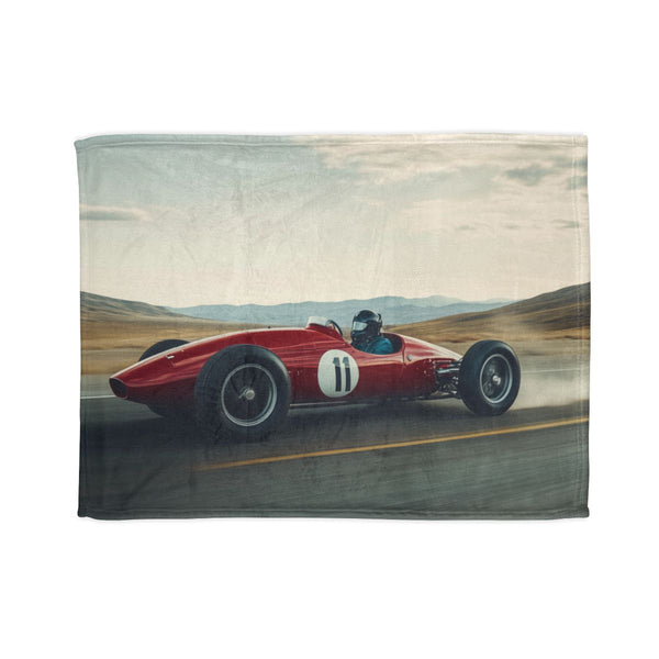 Vintage Race Car Speeding on a Desert Highway — 50×60 Plush Throw Blanket — Full Spread Plush Fleece Artwork View
