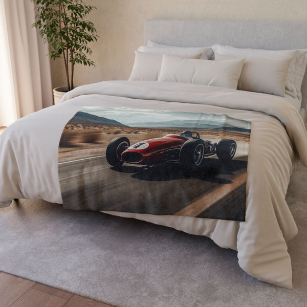 Vintage Race Car Speeding on a Desert Highway — 50×60 Plush Throw Blanket — Draped Over Sofa & Bed Lifestyle View