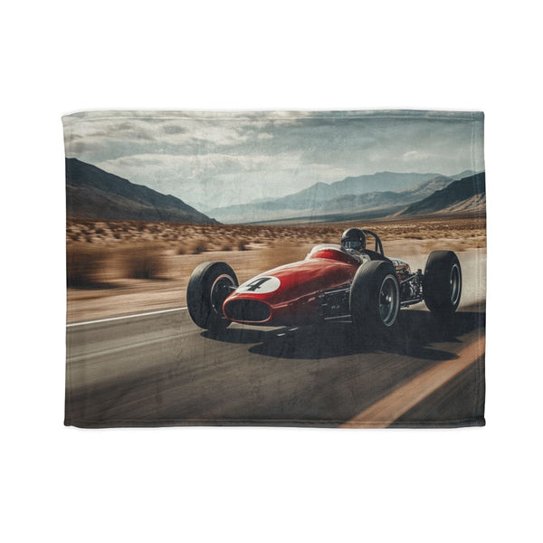 Vintage Race Car Speeding on a Desert Highway — 50×60 Plush Throw Blanket — Full Spread Plush Fleece Artwork View