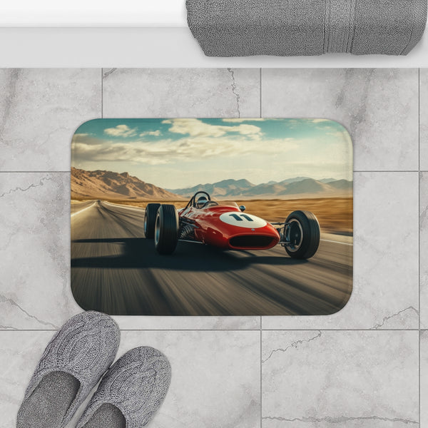 Vintage Race Car Speeding on a Desert Highway — 61×43 Memory Foam Bath Mat — Modern Bathroom Floor Lifestyle View