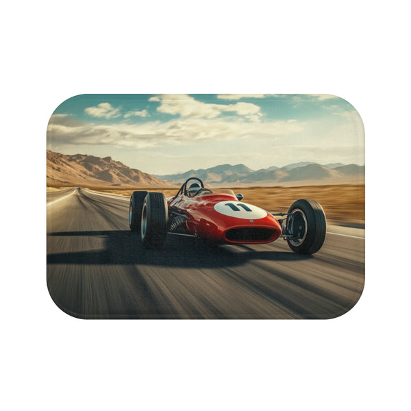 Vintage Race Car Speeding on a Desert Highway — 61×43 Memory Foam Bath Mat — Top-Down Velvet Microfibre Artwork View