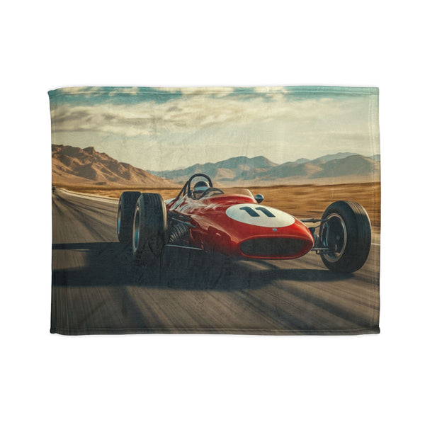 Vintage Race Car Speeding on a Desert Highway — 50×60 Plush Throw Blanket — Full Spread Plush Fleece Artwork View