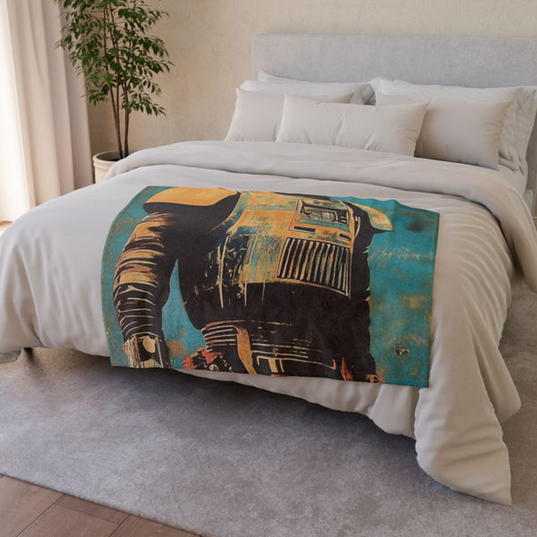 Vintage Retro Futuristic Asian Samari Star Wars Mo — 50×60 Plush Throw Blanket — Draped Over Sofa & Bed Lifestyle View
