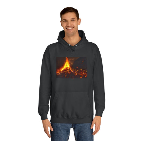 Volcano Erupting Into Music Notes Graphic Unisex College Hoodie - Lifestyle Model View