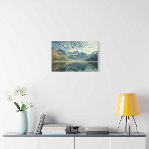 Vortex of Birds Above Crystal Lake (Edition III) — Stretched Canvas Wall Art — Living Room Wall Lifestyle View