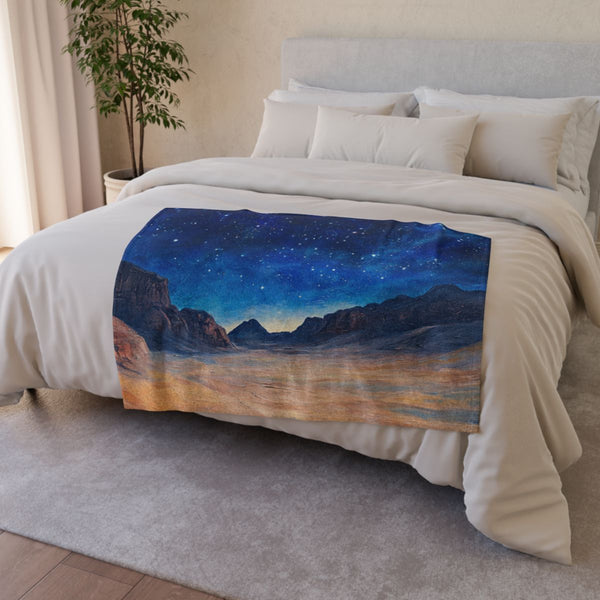 Wadi Rum Jordan Starry Night Sky Painting (Edition II) — 50×60 Plush Throw Blanket — Draped Over Sofa & Bed Lifestyle View