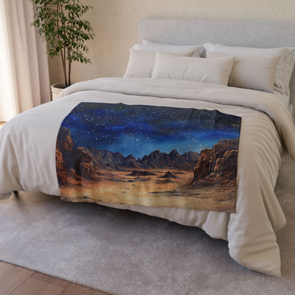 Wadi Rum Jordan Starry Night Sky Painting (Edition III) — 50×60 Plush Throw Blanket — Draped Over Sofa & Bed Lifestyle View