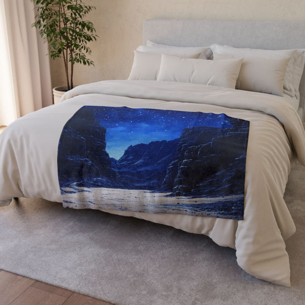 Wadi Rum Jordan Starry Night Sky Painting (Edition V) — 50×60 Plush Throw Blanket — Draped Over Sofa & Bed Lifestyle View