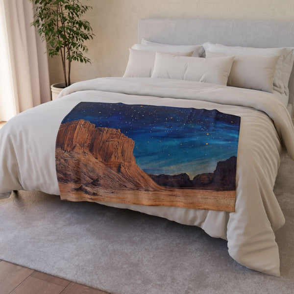 Wadi Rum Jordan Starry Night Sky Painting — 50×60 Plush Throw Blanket — Draped Over Sofa & Bed Lifestyle View