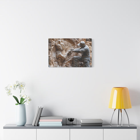 Warrior Carving Time into Rock Wall — Stretched Canvas Wall Art — Living Room Wall Lifestyle View