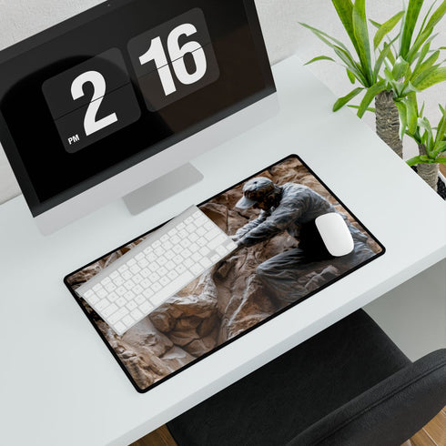 Warrior Carving Time into Rock Wall — XL & XXL Desk Mat — Gaming & Workspace Desk Setup View