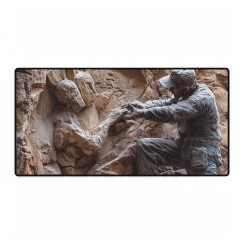 Warrior Carving Time into Rock Wall — XL & XXL Desk Mat — Full Top-Down Artwork View