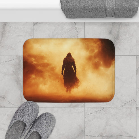 Warrior Standing in Cosmic Sandstorm (Edition II) — 61×43 Memory Foam Bath Mat — Modern Bathroom Floor Lifestyle View