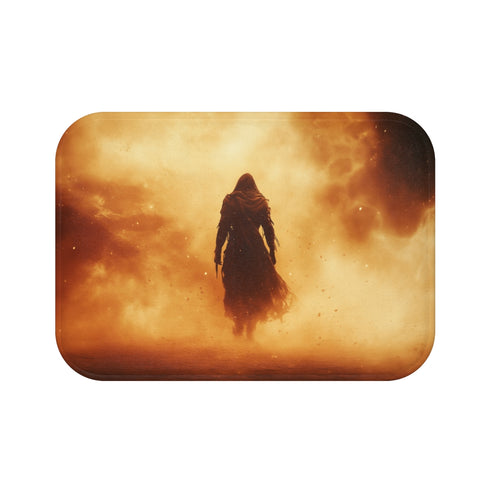 Warrior Standing in Cosmic Sandstorm (Edition II) — 61×43 Memory Foam Bath Mat — Top-Down Velvet Microfibre Artwork View