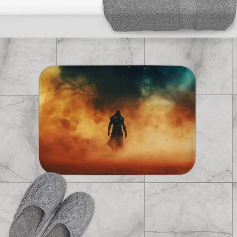 Warrior Standing in Cosmic Sandstorm (Edition III) — 61×43 Memory Foam Bath Mat — Modern Bathroom Floor Lifestyle View