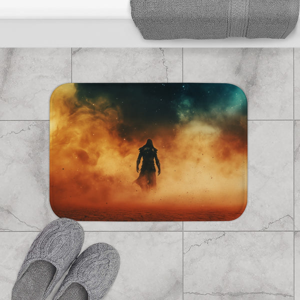 Warrior Standing in Cosmic Sandstorm (Edition III) — 61×43 Memory Foam Bath Mat — Modern Bathroom Floor Lifestyle View