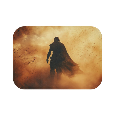 Warrior Standing in Cosmic Sandstorm (Edition IV) — 61×43 Memory Foam Bath Mat — Top-Down Velvet Microfibre Artwork View