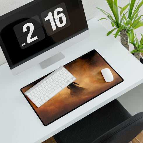 Warrior Standing in Cosmic Sandstorm — XXL Gaming Desk Mat — Gaming & Workspace Desk Setup View