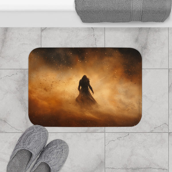 Warrior Standing in Cosmic Sandstorm — 61×43 Memory Foam Bath Mat — Modern Bathroom Floor Lifestyle View
