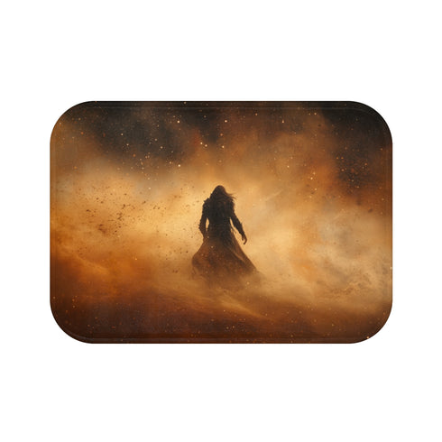 Warrior Standing in Cosmic Sandstorm — 61×43 Memory Foam Bath Mat — Top-Down Velvet Microfibre Artwork View