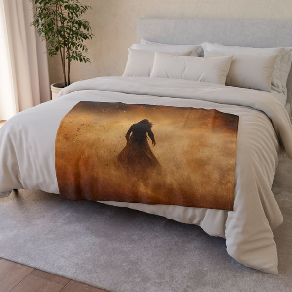 Warrior Standing in Cosmic Sandstorm — Plush Fleece Throw Blanket — Drape over Sofa & Bed Lifestyle View