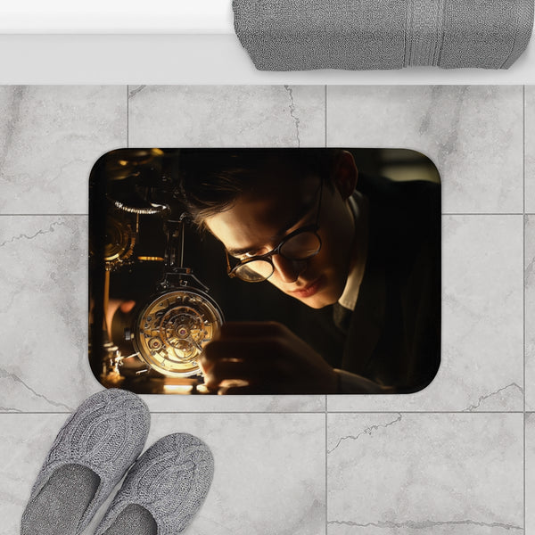Watchmaker Assembling Time with Light (Edition IV) — Memory Foam Bath Mat — Modern Bathroom Floor Lifestyle View