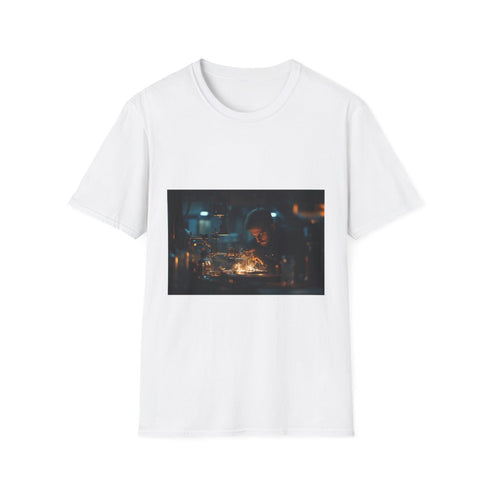 Watchmaker Assembling Time with Light Graphic Unisex Softstyle T-Shirt - Front View