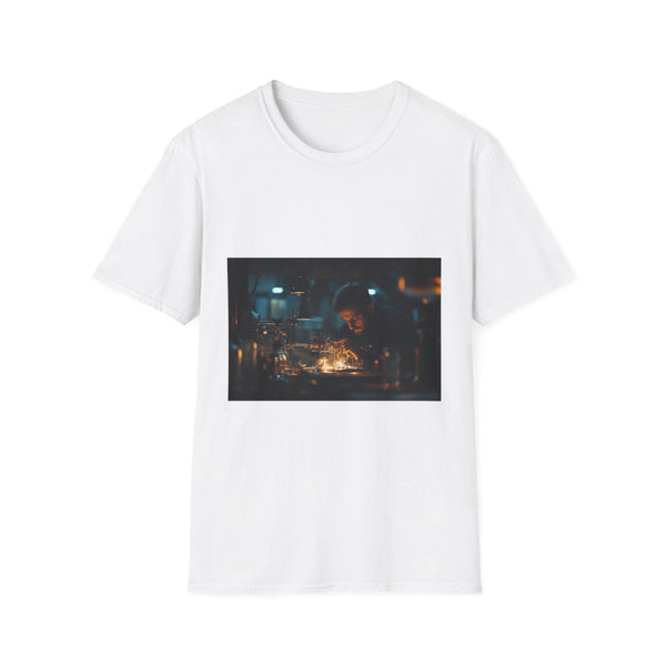 Watchmaker Assembling Time with Light Graphic Unisex Softstyle T-Shirt - Front View