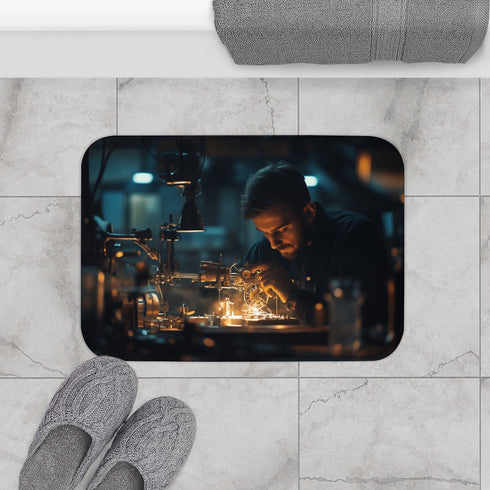 Watchmaker Assembling Time with Light — 61×43 Memory Foam Bath Mat — Modern Bathroom Floor Lifestyle View