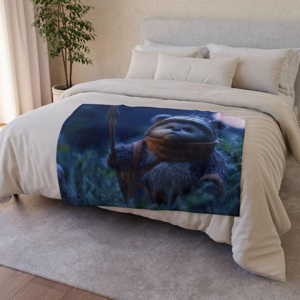 Wicket the Ewok Holding a Spear — Plush Fleece Throw Blanket — Drape over Sofa & Bed Lifestyle View