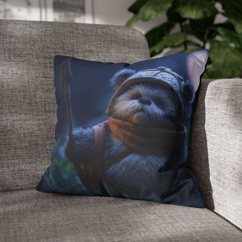 Wicket the Ewok Holding Spear — Double-Sided Cushion Cover — Sofa & Armchair Living Room Lifestyle View