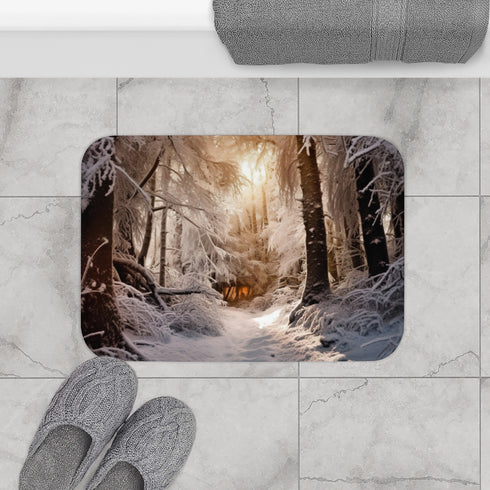 Snowy Nordic Winter Pine Forest — Non-Slip Bath Mat — Bathroom Floor Lifestyle View