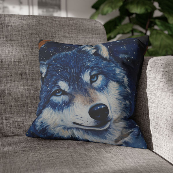 Wolf with Starry Night Sky Fur (Edition II) — Double-Sided Cushion Cover — Sofa & Armchair Living Room Lifestyle View